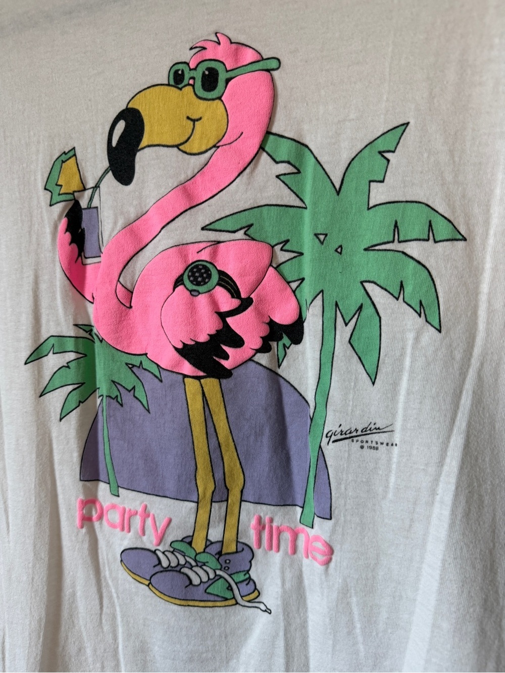 80s single stitch Girar Dim sportswear party time puff paint flamingo cotton t S - Picture 3 of 6